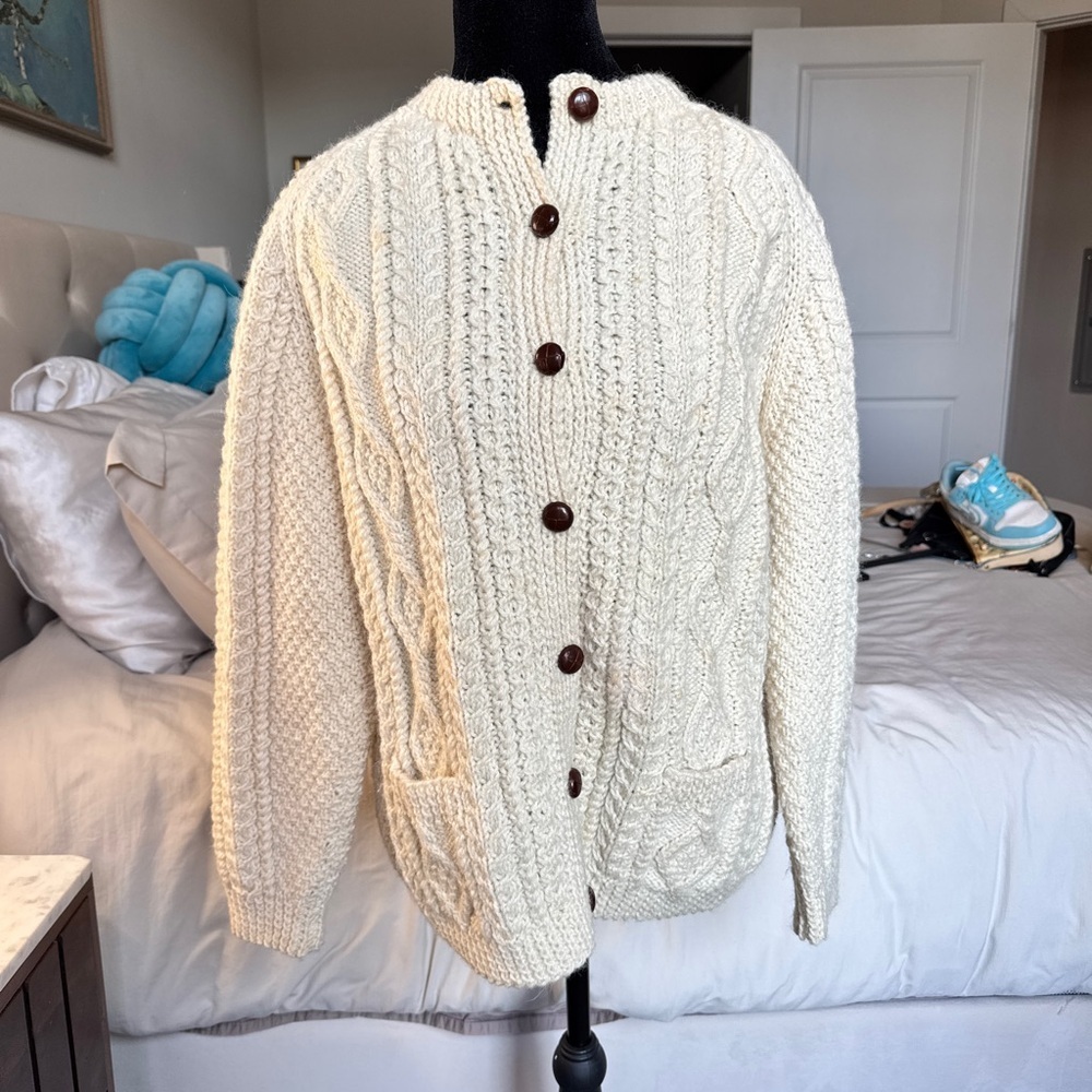 Vintage Irish Wool Women's Cream Cable Knit Cardigan